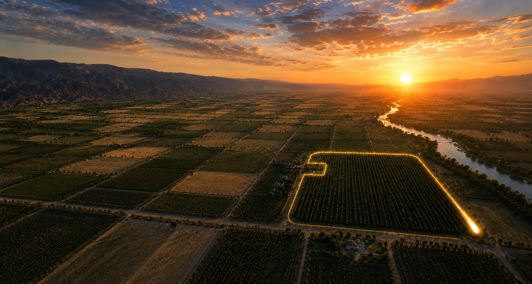 An orchard block outlined in glowing amber beside a river in a wide valley at sunset,
              the sun low over the coast range, orchards and fields running to the horizon.